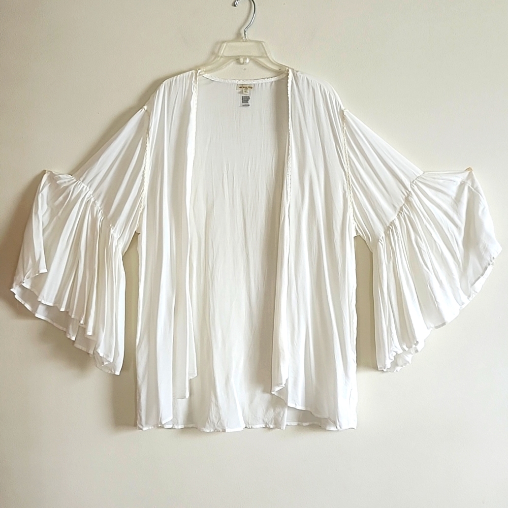 Pilyq Dramatic Bell Sleeve Kimono Flowy White Open Summer Beach Cardigan